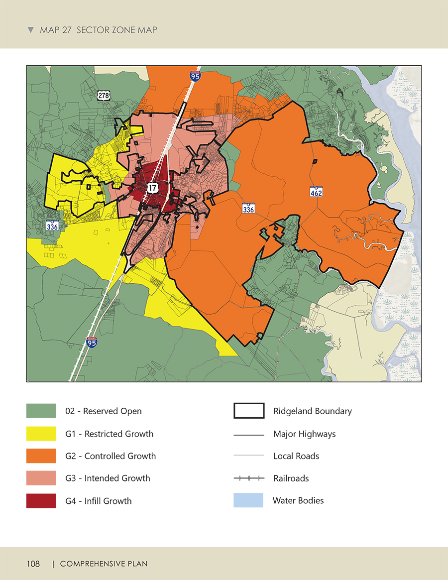 Map 27 Sector Zone Map from the Town of Ridgeland Comprehensive Plan, page 108. The color-coded map shows five growth sector designations within the Ridgeland boundary: O2 Reserved Open (green), G1 Restricted Growth (yellow), G2 Controlled Growth (orange), G3 Intended Growth (light pink), and G4 Infill Growth (dark red). Major highways shown include Interstate 95, US Highway 17, SC Route 336, and SC Route 462. Additional map features include major highways, local roads, railroads, and water bodies. The Ridgeland municipal boundary is outlined in black.
