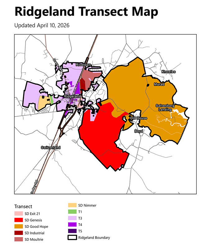 Ridgeland Transect Map updated April 10, 2026, showing color-coded zoning districts within and around the Town of Ridgeland, South Carolina. The map legend identifies ten zones: SD Exit 21 (light pink), SD Genesis (red), SD Good Hope (dark orange), SD Industrial (dark brown), SD Moultrie (mauve), SD Nimmer (light orange), T1 (green), T3 (light purple), T4 (lavender), and T5 (dark purple), with a black outline marking the Ridgeland municipal boundary. Named areas on the map include Ricetown, Ridgeland, Knowles, Murad, Salvesbarg Landing, Old House, Boyd, and Switzerland.